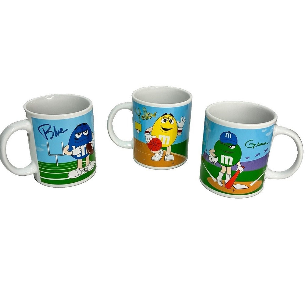 Vintage 2002 Galerie M&M's Sports Coffee Mugs Set of 3 - Red/Blue, Green/Yellow